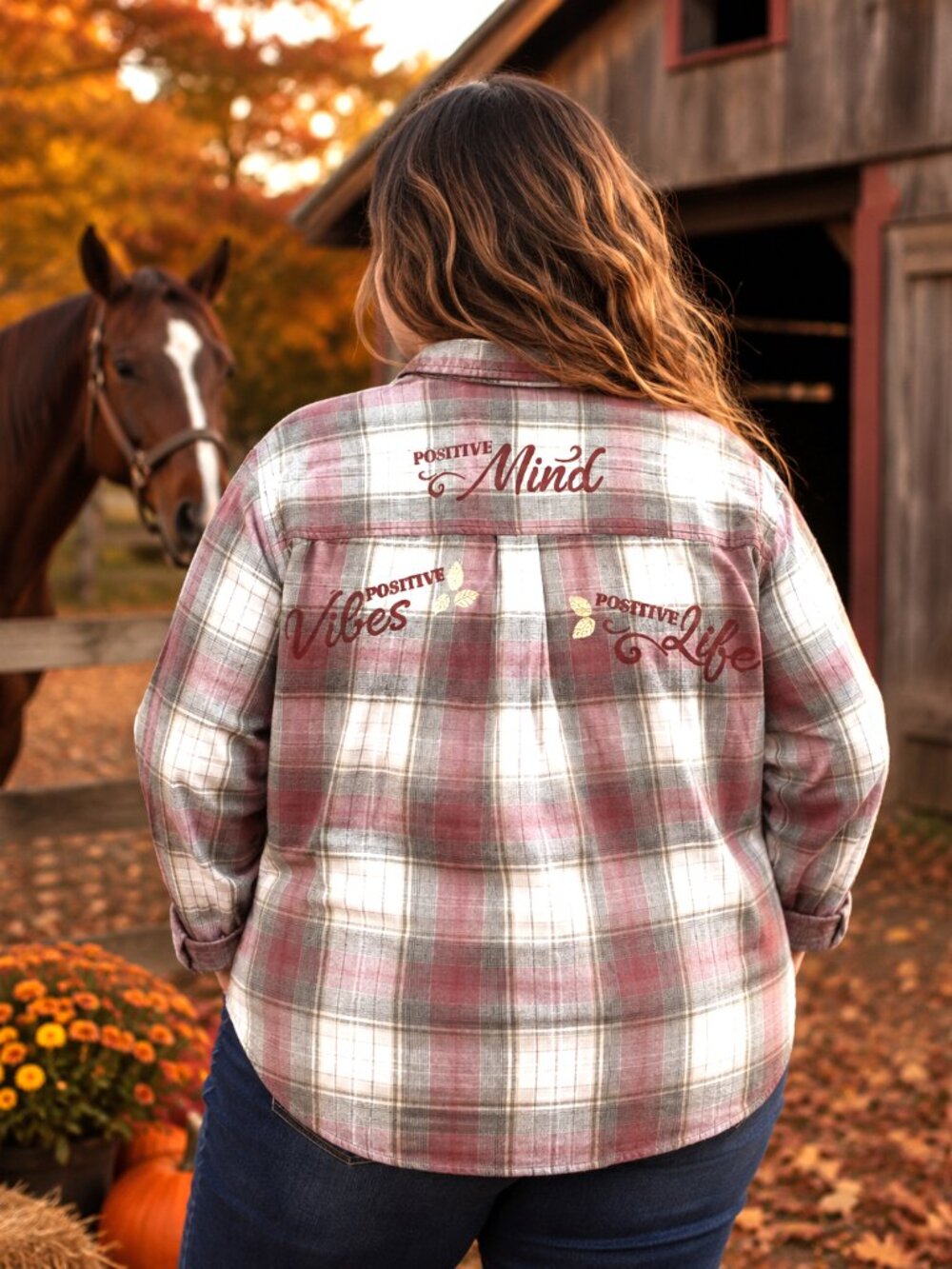 Upcycled Bleached Heavy Flannel Shirt, Painted Positive Vibes Brown White XL